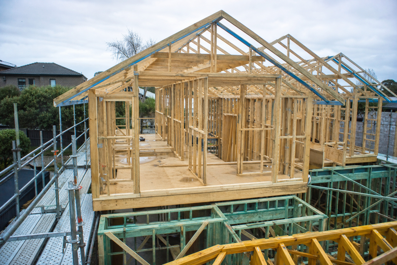 Townhouse construction at framing stage