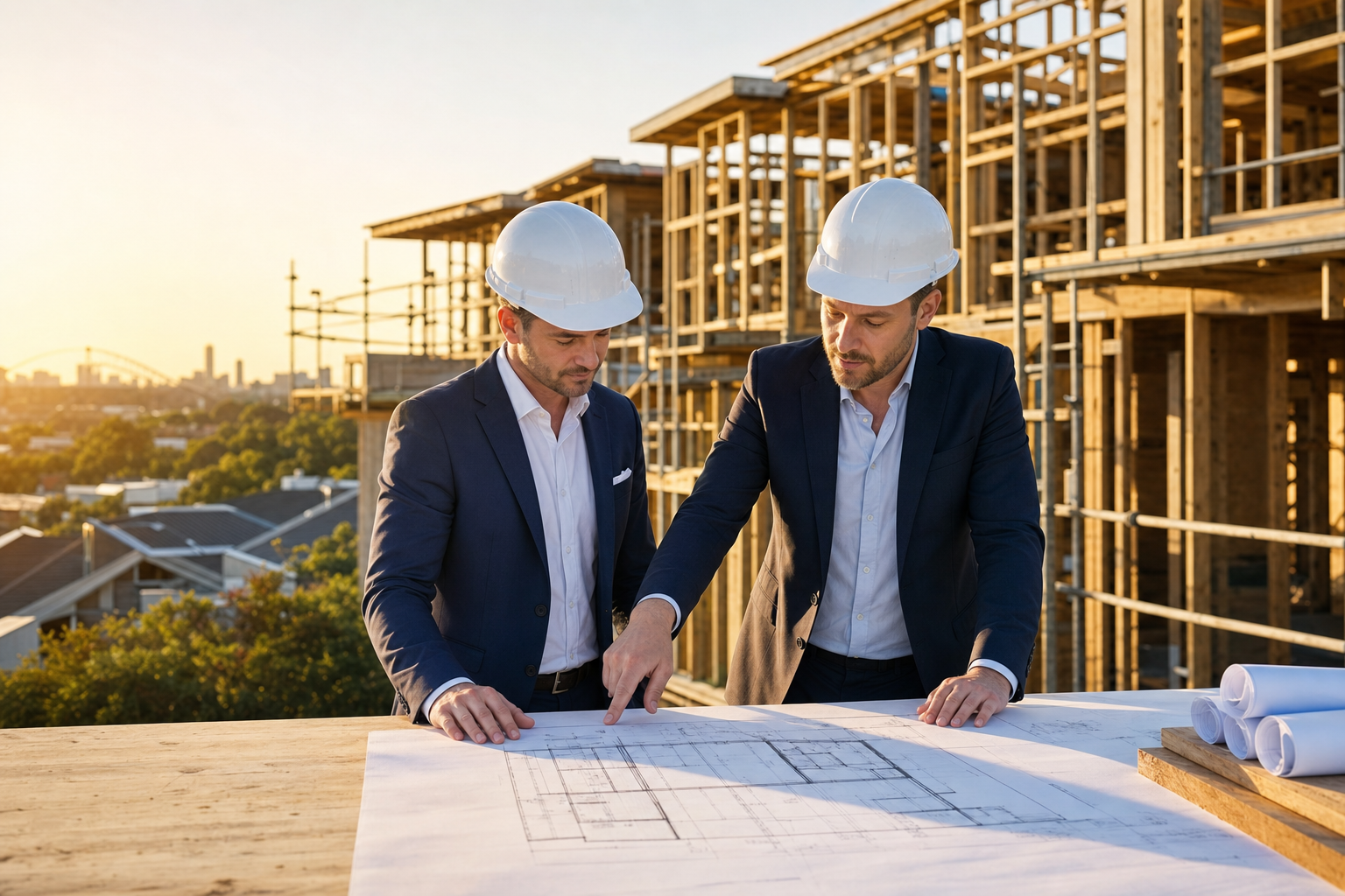 Builder reviewing plans on site
